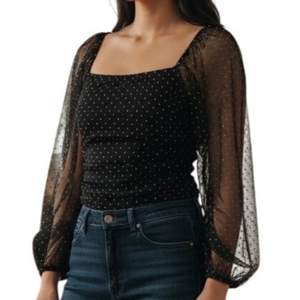 LE LIS COLLECTION Dina Black Swiss Dot Sheer Sleeve Square‎ Neck Bodysuit Medium